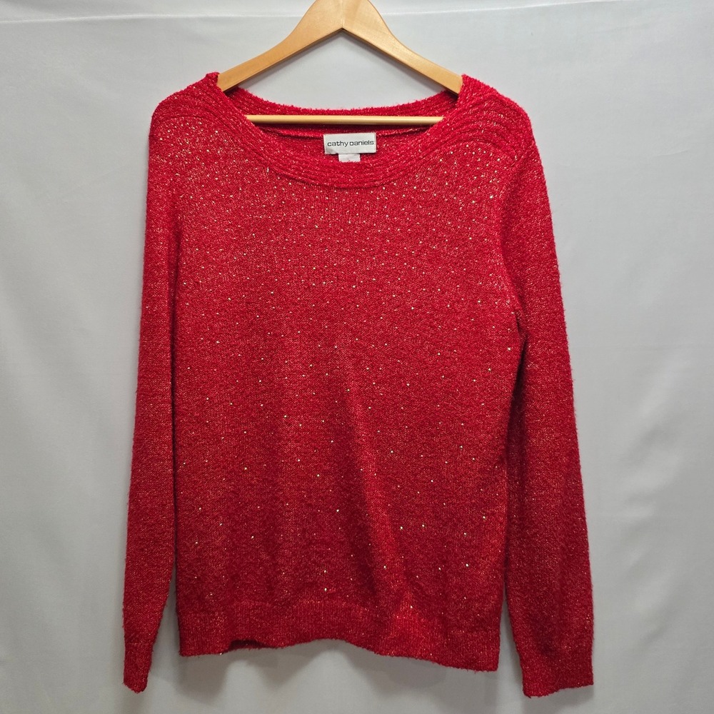 Cathy Daniels Red Gold Sparkly Knit Holiday Sweater LS Women's Size L‎ Christmas